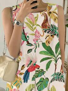 INAWLY 女士圓領葉子印花休閒度假夏季裙 - 卡其色 - 查看 3