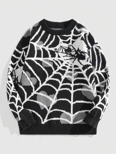 ROMWE Avant Men's Spiderweb Print Crew Neck Long Sleeve Streetwear Sweater