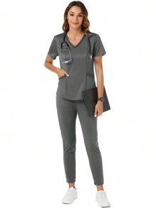 TaskEZ Women's Nurse Uniform Set, Including 2-Pockets Modern V-Neck Scrub Top & 2-Pockets Elastic Waist Pants Scrub Clothes Set - Grey - View 10