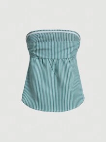 SHEIN MOD Ladies' Striped Bandeau Shirt-Style Top - Green - View 2