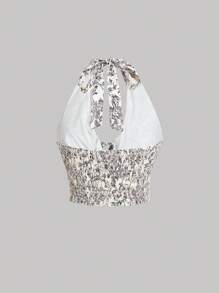 SHEIN MOD Áo hai dây hở vai họa tiết hoa màu xanh cỡ lớn, mùa hè - Đen và trắng - Xem 2