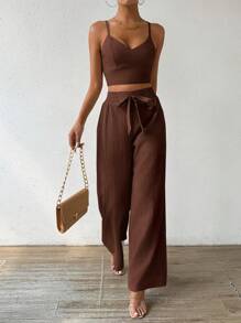 Breezaya 2pcs Women's Camisole Top With Bowknot & Straight Leg Casual Pants Vacation Set - Coffee Brown - View 5