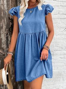 Breezaya Round Neck Pleated Ruffle Hem Minimalist A-Line Mini Dress, Casual Daily Wear - Medium Wash - View 6