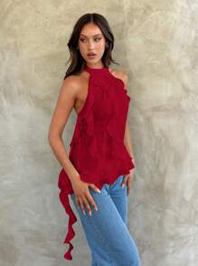 Aloruh 女士纯色褶饰花卉 3D 装饰露背休闲度假上衣