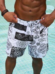 Surfspeed Plus Size Men's Casual Drawstring Waist Paisley Print Beach Shorts - Black and White - View 5