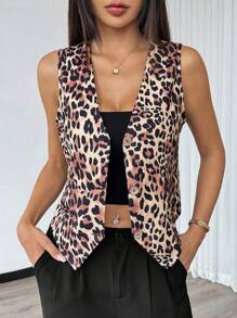Chiquease Women's Sleeveless Leopard Print Front Button Casual Jacket,Fall Women Outfits - Multicolor - View 7
