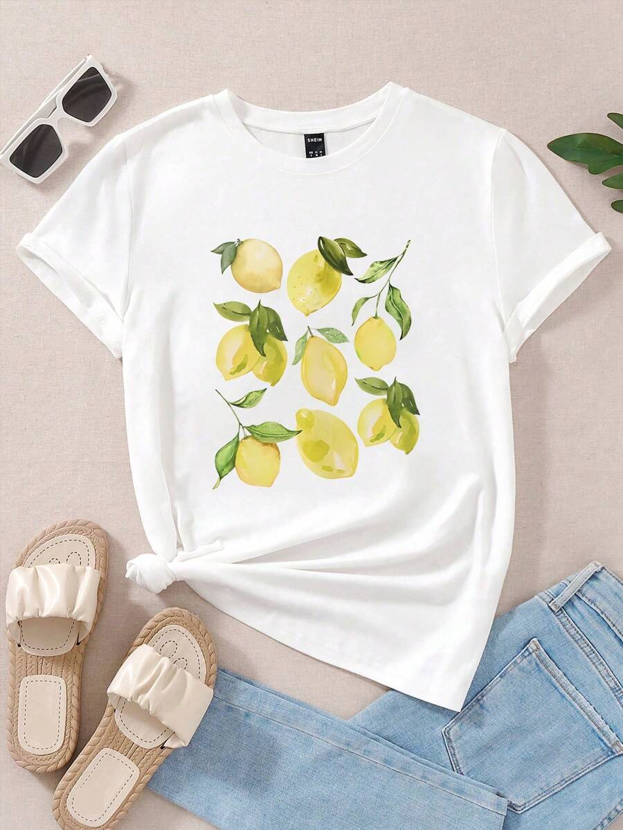 Flirla Chanh Áo Thun Nữ Vintage Trái Cây Họa Tiết Hoa Phong Cách Bohemian Hàng Đầu Chanh Tee Tặng Boho Áo Sơ Mi In Hoa - trắng - Xem 1