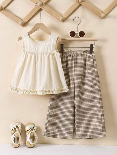 SHEIN 2 件套年轻女孩休闲无袖上衣和格子裤套装，春夏