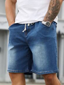 RHETRK Pantalones cortos de mezclilla holgados, informales, versátiles, con bolsillo con cordón para hombres de talla grande - Azul - Ver 5