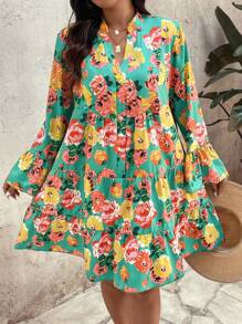 Celure Plus Size Vacation Casual Floral Allover Print Notched Neck Flare Sleeve Dress With Cutout