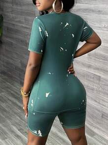 Slaydiva Elegant Green Tie-Dye Printed Slogan Bodycon T-Shirt And Leggings Set - Multicolor - View 2