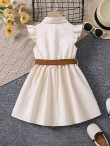Vestido con cuello en V para niña joven con mangas cortas, cinturón con botones y diseño cruzado - Beis - Ver 2
