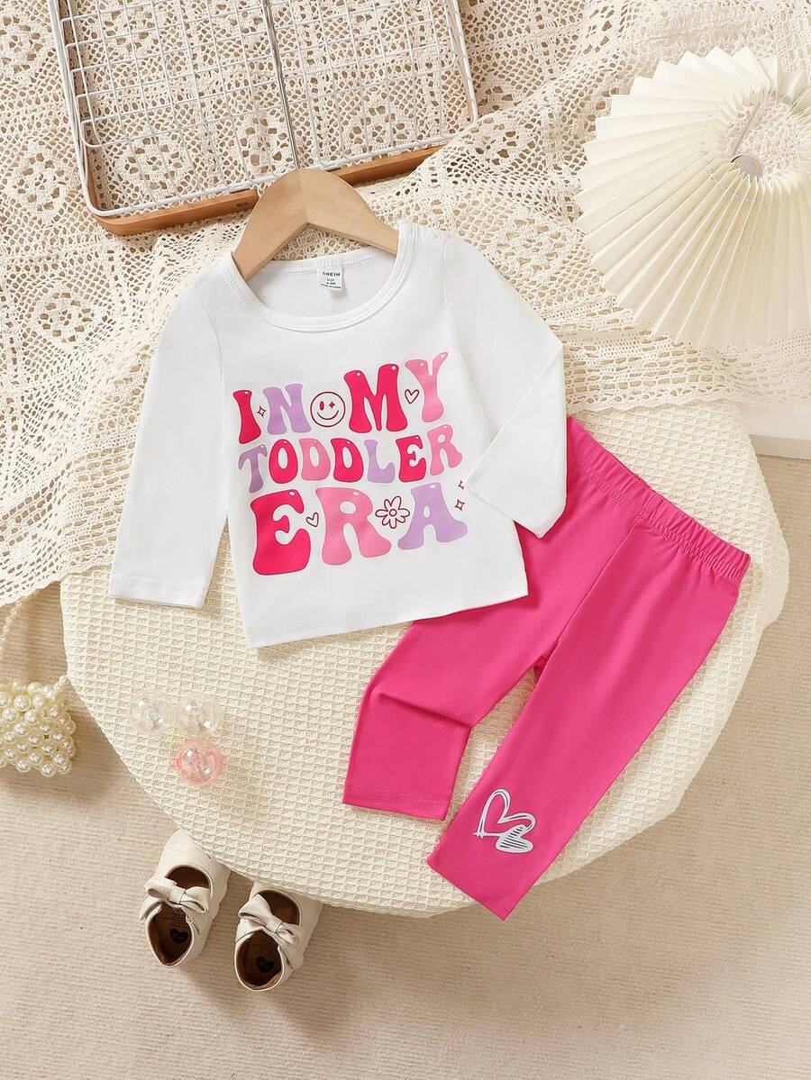 2pcs Baby Girls' Cute Letter Print Long Sleeve Outfit Set - Multicolor - View 1