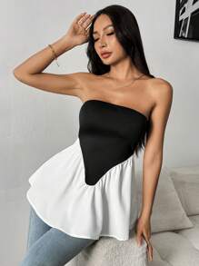 Chiquease Top tubo sin mangas con dobladillo con volantes de color contrastante para mujer