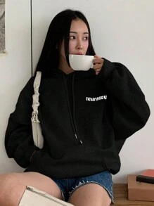 DAZY Áo nỉ có mũ lót giữ nhiệt dành cho nữ, áo hoodie chui đầu thường ngày có khóa kéo cho mùa thu/đông - màu đen - Xem 3