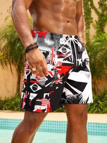 Manfinity Swimmode Shorts de playa de pierna ancha con estampado de águila de talla grande para hombre, con cintura elástica, para vacaciones