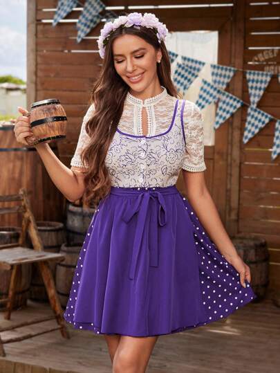 Breezaya 女士立领蕾丝拼布撞色腰带短袖连衣裙，慕尼黑啤酒节啤酒女仆服装