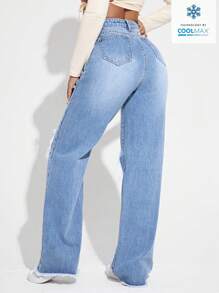 SHEIN EZwear Quần Jean Ống Rộng Rách Mùa Hè Nữ - Rửa nhẹ - Xem 2