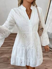 SHEIN LUNE Váy nghỉ lễ nữ cổ chữ V tay loe đính thêu dáng rộng - trắng - Xem 5