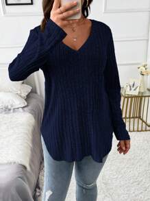 Plus Size Plain V-Neck Ribbed Long Sleeve T-Shirt Fall Cloth For Women - Navy Blue - View 7