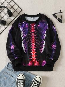 SHEIN Tween Girls Black Skeleton Print Sweatshirt, Fall/Winter - Multicolor - View 1