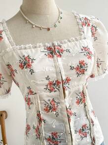 Soleia Camicia con maniche a sbuffo da donna con scollo quadrato, romantico bordo in pizzo e tessuto con texture vintage multicolore