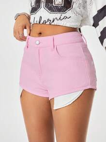 SHEIN EZwear Quần short denim cạp thấp in hoa màu hồng cho nữ - Hồng - Xem 4