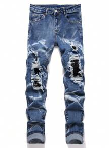 Chillumni Men's Button Waistband Distressed Straight Fit Jeans With Pockets, Men Ripped Jeans, Blue Ripped Jeans Men, Designer Jeans Men - Medium Wash - View 1