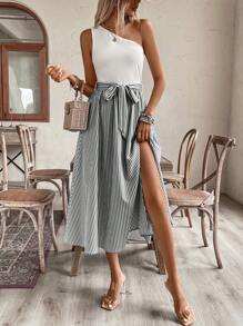 SHEIN Clasi Váy xẻ cao thắt lưng kẻ sọc dây mảnh cho nữ đi nghỉ ở bãi biển - Đen và trắng - Xem 4