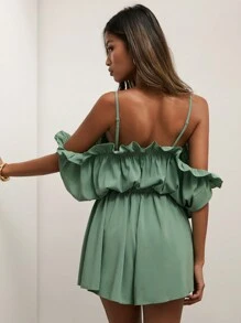 COSMINA Bộ áo liền quần nữ màu trơn, hở vai, viền bèo nhún, kiểu dáng thường ngày. - màu xanh lá - Xem 2