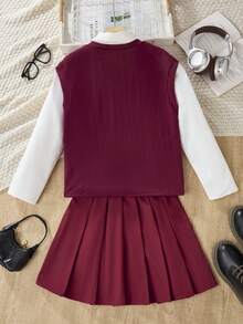 3 peças Conjunto de Colete, Camisa de Manga Longa e Saia Plissada Casual Simples para Escola/Transporte, Passeio de Férias para Meninas - Multicolorido - Visão 2