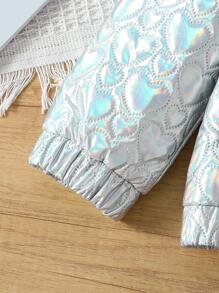 SHEIN 女孩可爱优雅甜美公主时尚百搭时尚适合秋冬季日常、聚会、节日派对、学校加厚金属涂层夹克 - 金色 - 查看 6