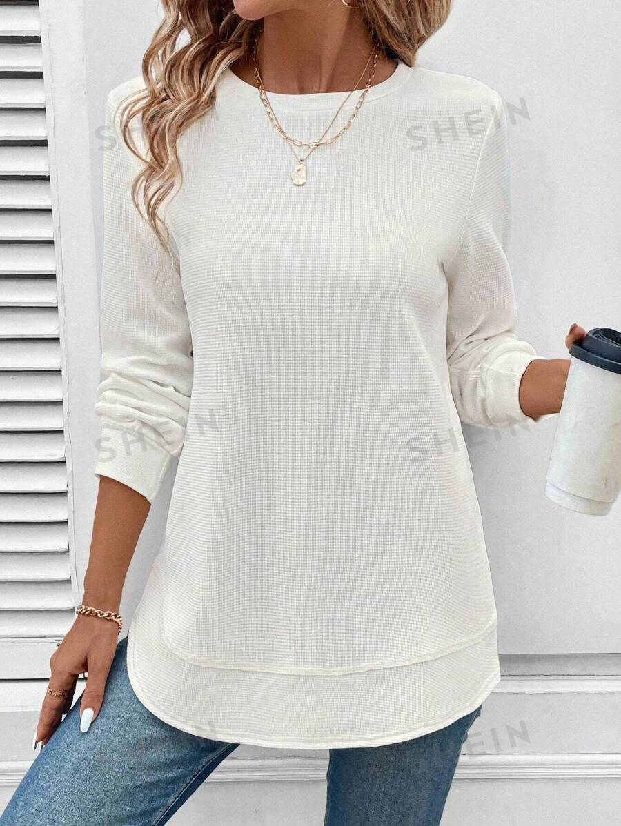 SHEIN LUNE Sudadera básica de mujer con dobladillo asimétrico y textura de gofre, cómoda y casual, de manga larga, para graduación, regreso a la escuela, atuendos de maestras, regreso a la escuela en otoño/invierno - Blanco - Ver 1