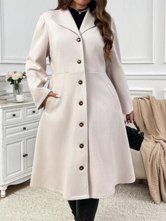 SHEIN Privé 大码女式优雅休闲舒适保暖翻领纽扣喇叭下摆真口袋粗花呢中长外套，卡其色