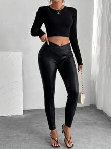 SHEIN Raffinéa Celana Legging Yoga Wanita Pinggang Tinggi Tebal Warna Polos Elastis untuk Musim Gugur - Hitam - View 3