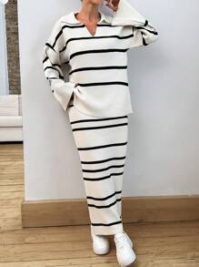 EURMUSE Women Stripe Pattern Collar Neck Drop Shoulder Pullover & Sweater Skirt Set - Multicolor - View 3
