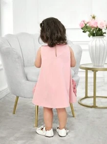 Vestido de gola floral 3D fofo sem mangas para bebês meninas, verão - Rosa - Ver 2