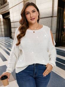 SHEIN LUNE Plus Solid Long Sleeve Rhinestone Sweater, Knit Pullover Fall Winter - White - View 5