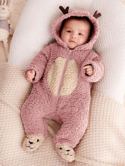 Cozy Pixies Macacão Com Capuz Engrossado Para Bebês Recém-nascidos, Meninas E Meninos, Com Design De Chifres