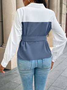 SHEIN LUNE 撞色拼接衬衫领长袖前扣休闲上衣 - 彩色 - 查看 2