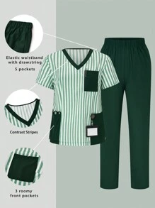 TaskEZ 大码拼色条纹多口袋短袖上衣和裤子制服 2 件套，大码制服和手术服