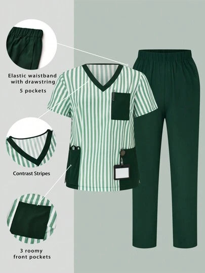 TaskEZ 大码拼色条纹多口袋短袖上衣和裤子制服 2 件套，大码制服和手术服