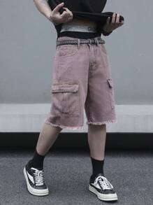 Manfinity EMRG 夏季男士纯色口袋流苏下摆休闲牛仔短裤 - 粉色 - 查看 5