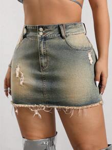 SHEIN ICON Plus Size Thắt lưng có cúc đau khổ Váy mini denim có viền sờn - Rửa nhẹ - Xem 4