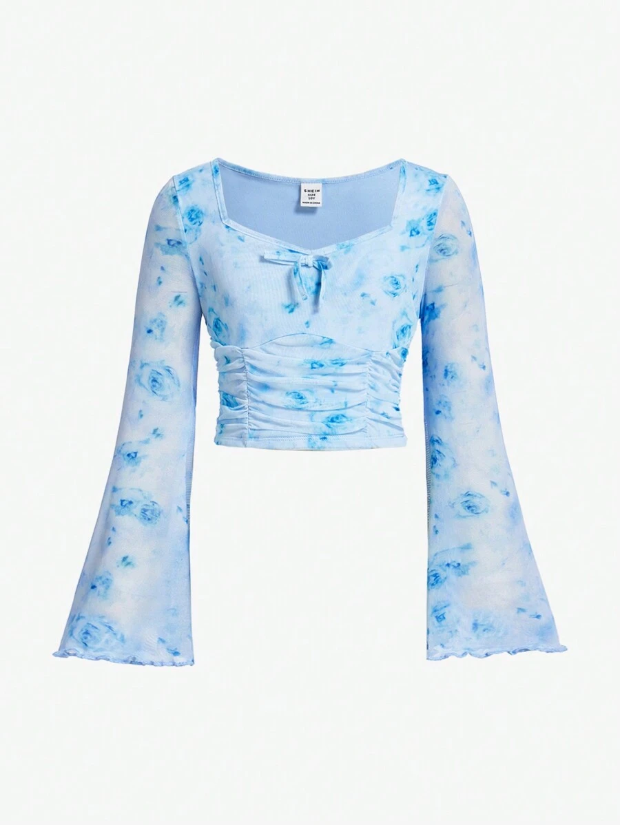 SHEIN Girlism Tween Girls' Ditsy Floral Square Neck Fitted Cropped Bell Sleeve Casual T-Shirt - Baby Blue - View 1