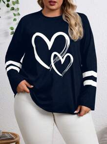 SHEIN LUNE Women's Plus Size Heart & Stripe Pattern Printed Drop Shoulder T-Shirt Graphic Tees Women Tops - Royal Blue - View 1