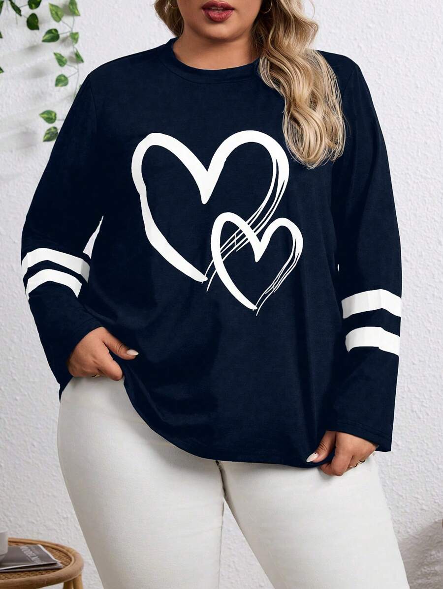 SHEIN LUNE Women's Plus Size Heart & Stripe Pattern Printed Drop Shoulder T-Shirt Graphic Tees Women Tops - Royal Blue - View 1