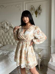 Flirla Plus Size V-Neck Long Sleeve Waist Ruched Elegant Allover Print Dress Fall Cloth For Women