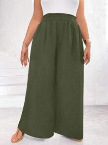 Flirla 大码纯色梭织宽松阔腿裤带口袋 - 軍綠色 - 查看 4