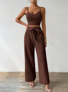 Breezaya 2pcs Women's Camisole Top With Bowknot & Straight Leg Casual Pants Vacation Set - Coffee Brown - View 7